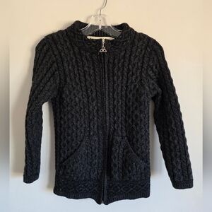 ARAN Crafts | Merino Wool Cable Knit Hooded Zip Sweater gray Irish Sz S